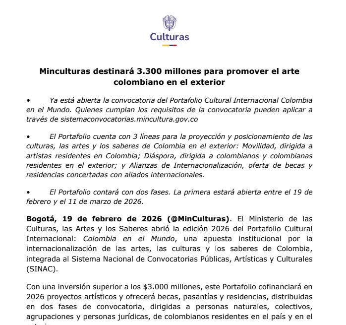Minculturas destinará 3.300 millones para promover el arte colombiano en el exterior