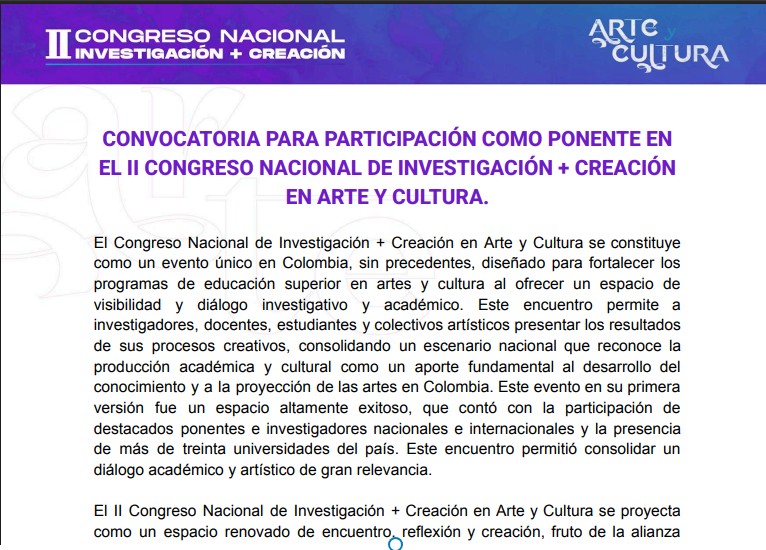 Invitación a postular PONENCIAS II Congreso Nacional de Investigación-Creación en Arte y Cultura