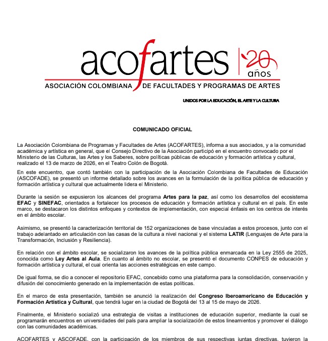 ACOFARTES COMUNICADO OFICIAL